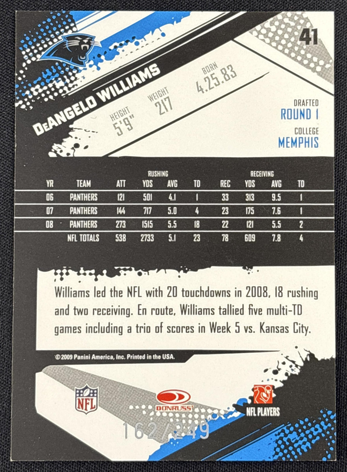 DeAngelo Williams 2009 Panini Score Gold Zone /249 Panthers