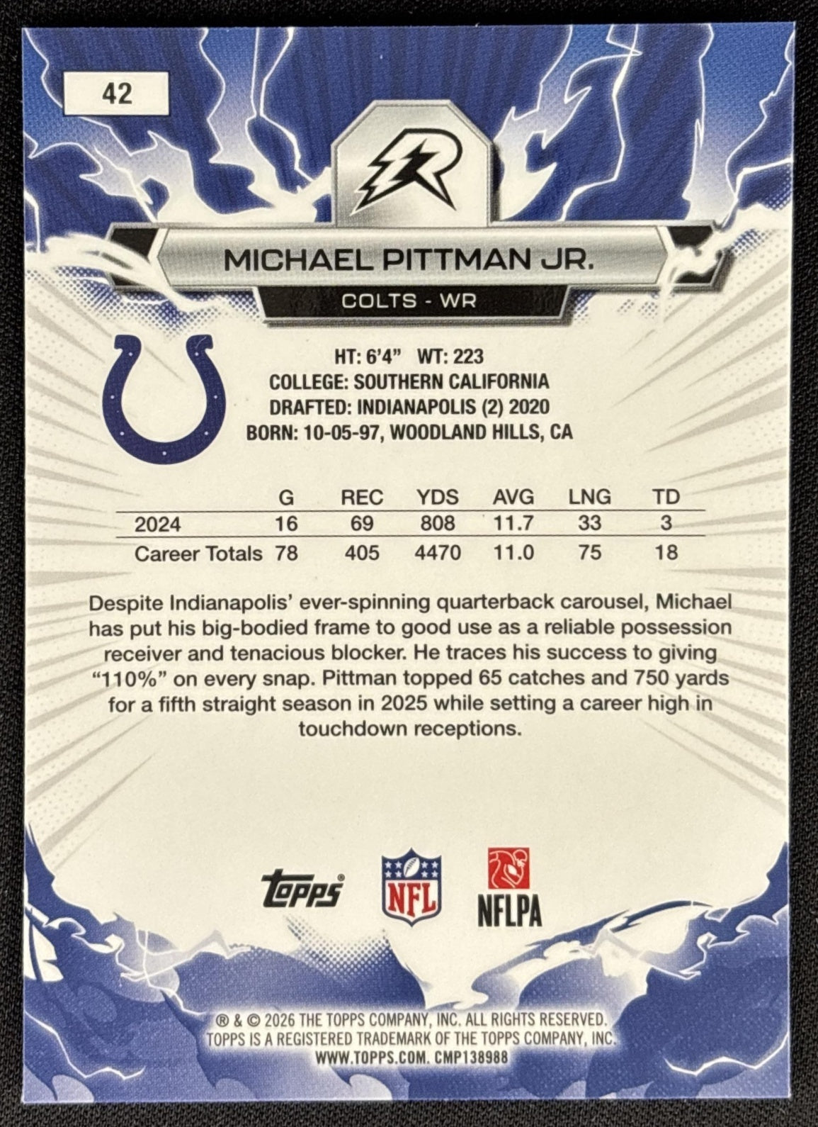 Michael Pittman Jr. 2025 Topps Resurgence Blue and Orange Spark Refractor Colts