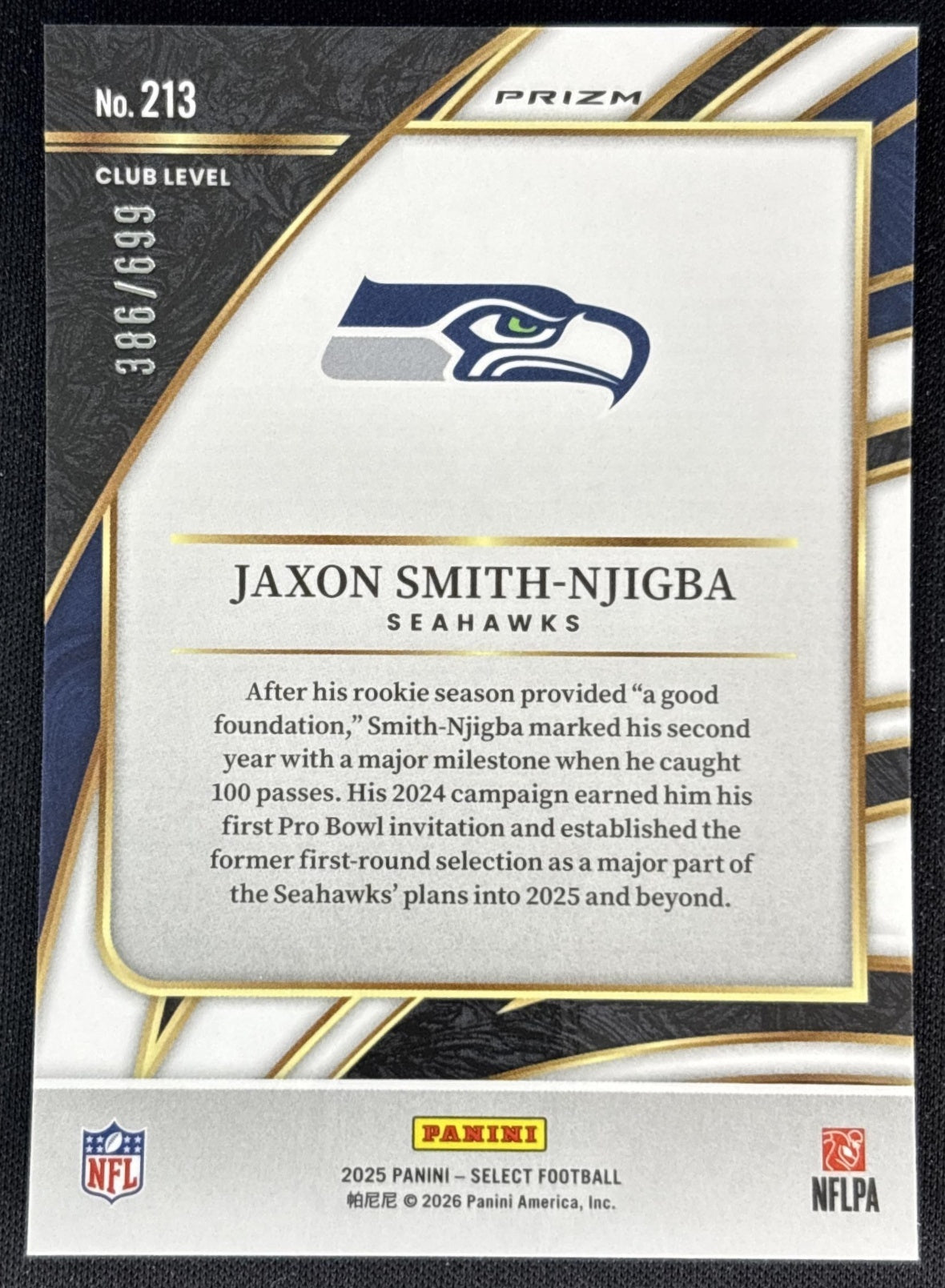 Jaxon Smith-Njigba 2025 Select Club Level Neon Green Prizm Shock /699 Seahawks back