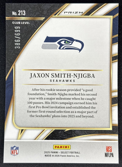 Jaxon Smith-Njigba 2025 Select Club Level Neon Green Prizm Shock /699 Seahawks back