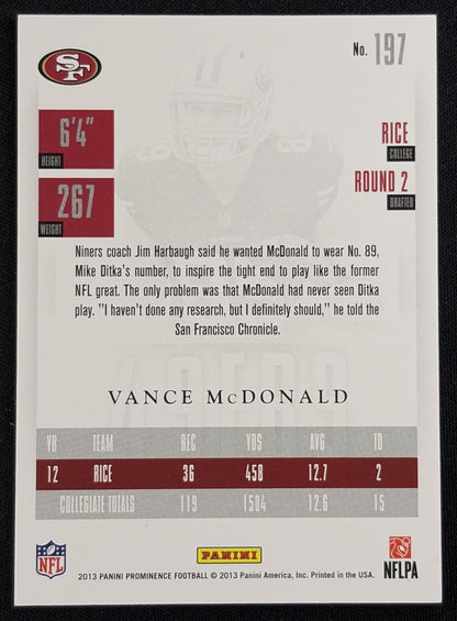 Vance McDonald 2013 Panini Prominence Gold /199 49ers - Back