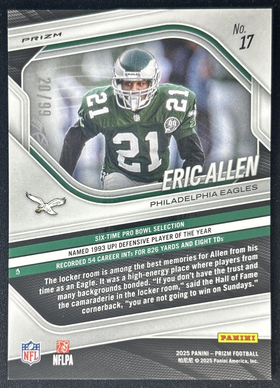 Eric Allen 2025 Panini Prizm Blue Ice /99 Eagles back
