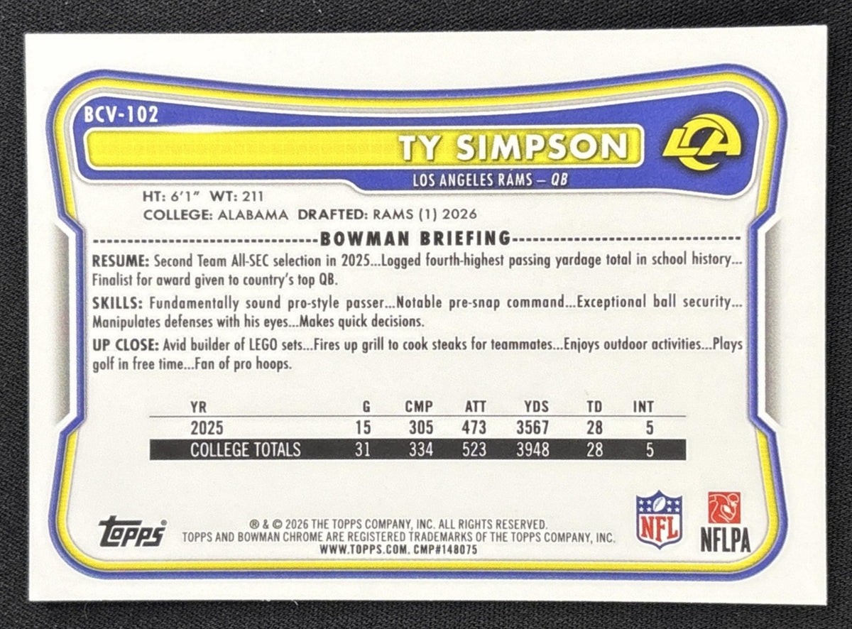 Ty Simpson 2026 Bowman Chrome NFL Speckle Refractor Rams Sports Trading Card
