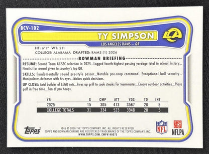 Ty Simpson 2026 Bowman Chrome NFL Speckle Refractor Rams Sports Trading Card
