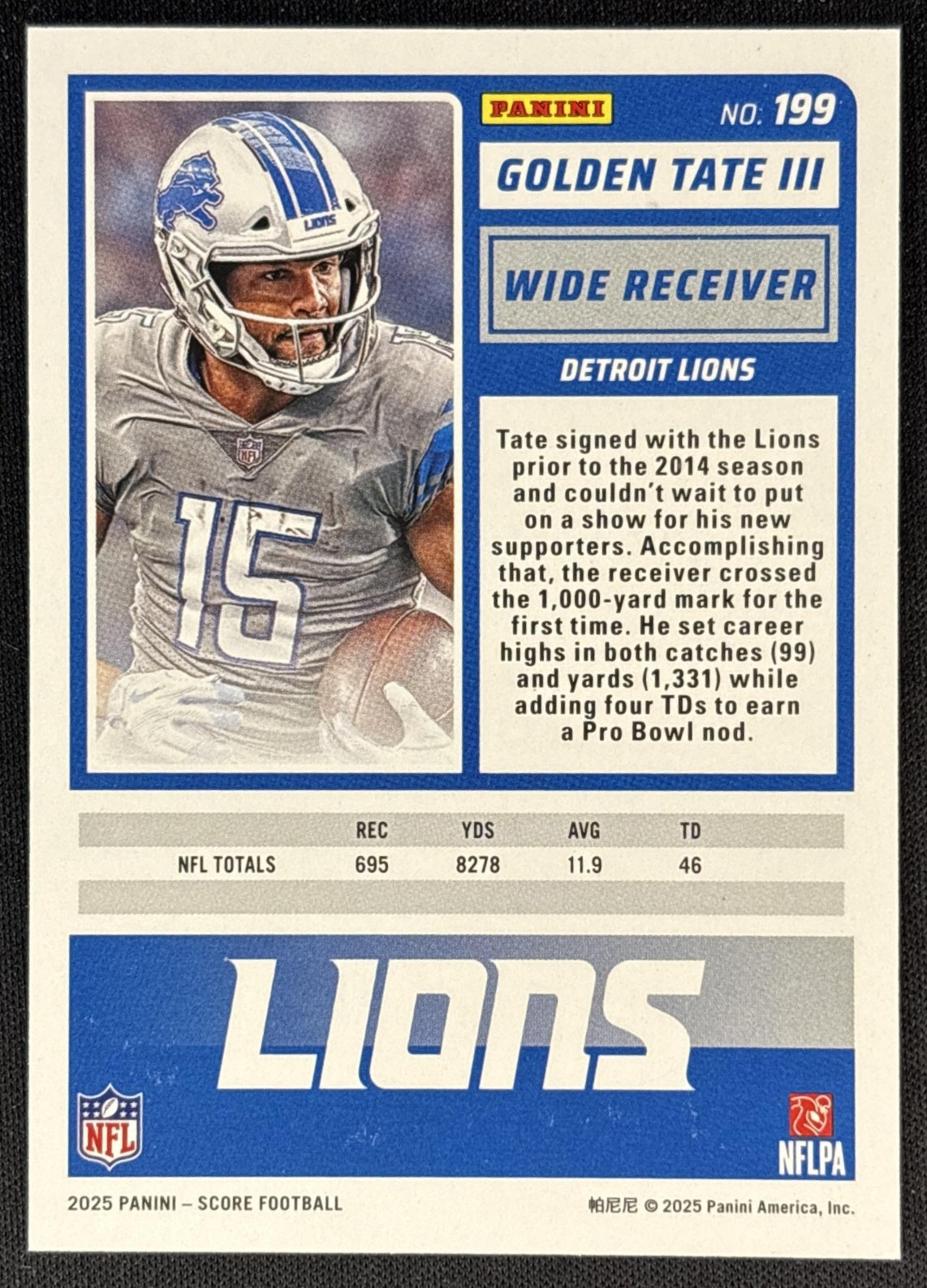 Golden Tate III 2025 Panini Score Stars /499 Lions back