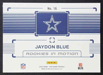 Jaydon Blue 2025 Panini PhotoGenic Rookies In Motion Red /99 Cowboys Dallas Cowboys back