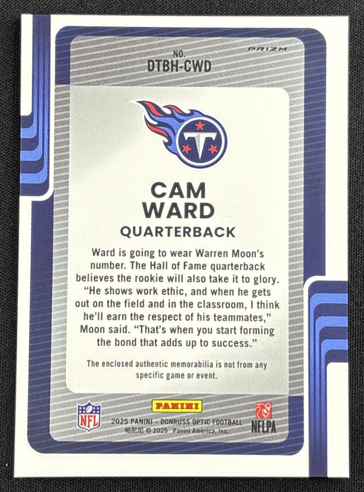 Cam Ward 2025 Panini Donruss Optic Threads Blue Hyper Prizm Titans Sports Trading Card