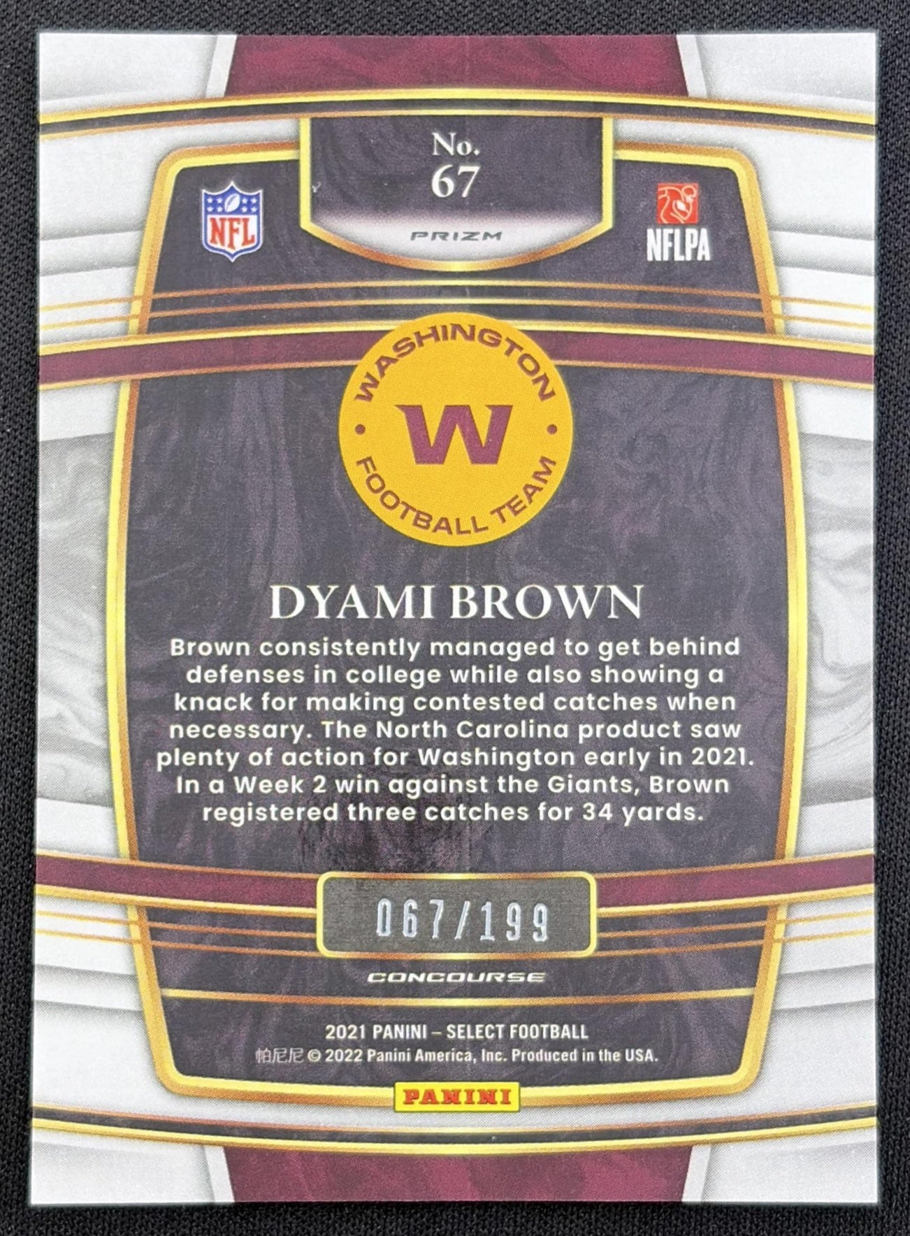 Dyami Brown 2021 Panini Select Blue Prizm /199 back