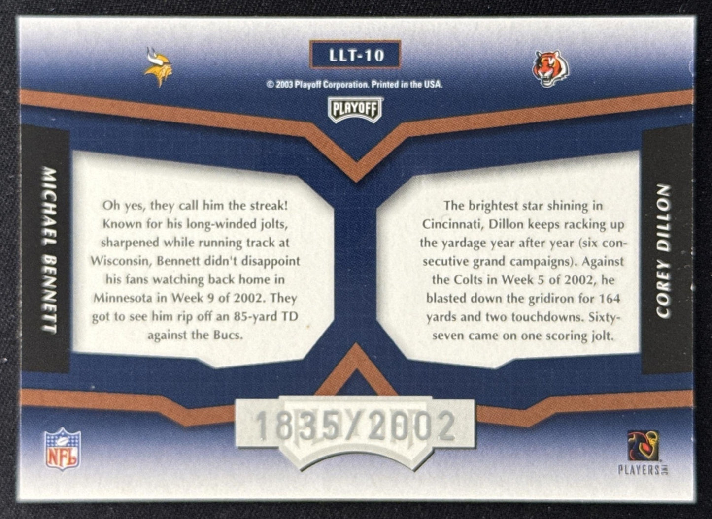 Corey Dillon Michael Bennett 2003 Prestige League Leader Tandems /2002 Bengals Vikings Sports Trading Card