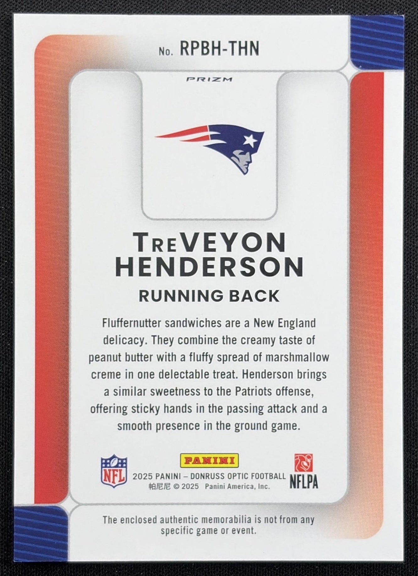 TreVeyon Henderson 2025 Panini Donruss Optic Rookie Phenoms Blue Hyper Prizm Patriots back