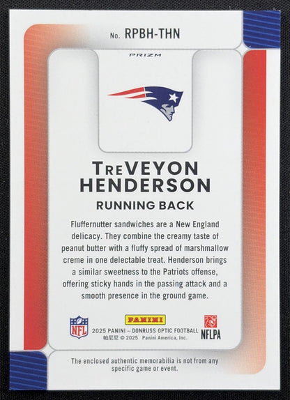 TreVeyon Henderson 2025 Panini Donruss Optic Rookie Phenoms Blue Hyper Prizm Patriots back