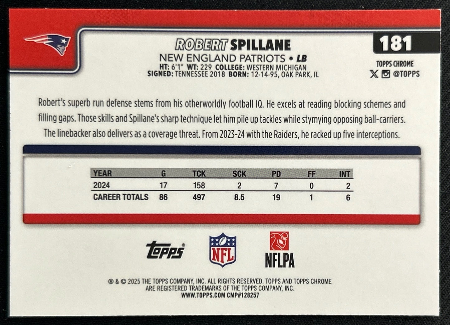 Robert Spillane 2025 Topps Chrome Patriots Sports Trading Cards
