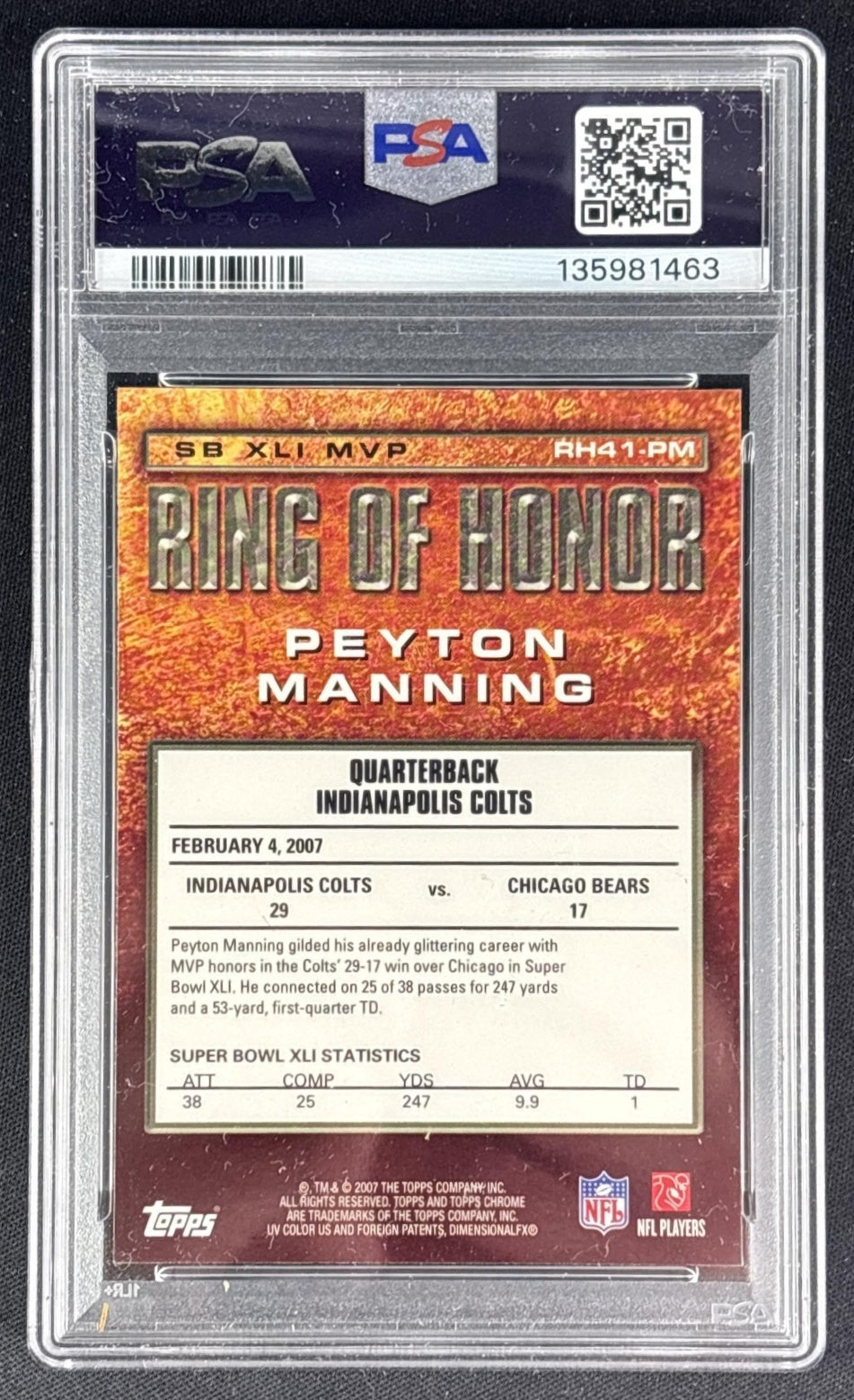 Peyton Manning 2007 Topps Ring of Honor: PSA 9 Colts Sports Trading Cards