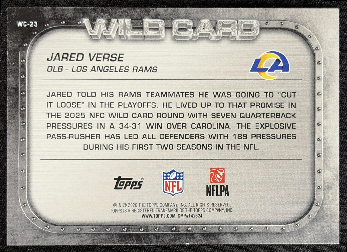 Jared Verse 2026 Topps Wild Card Moments Rams back