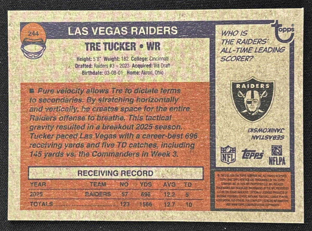 Tre Tucker 2026 Topps Heritage Chrome Pink Sparkle Raiders Sports Trading Card