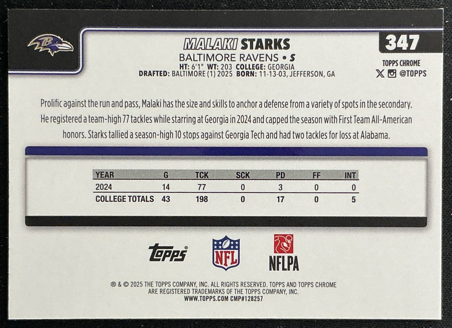 Malaki Starks 2025 Topps Chrome Rookie Ravens Sports Trading Cards