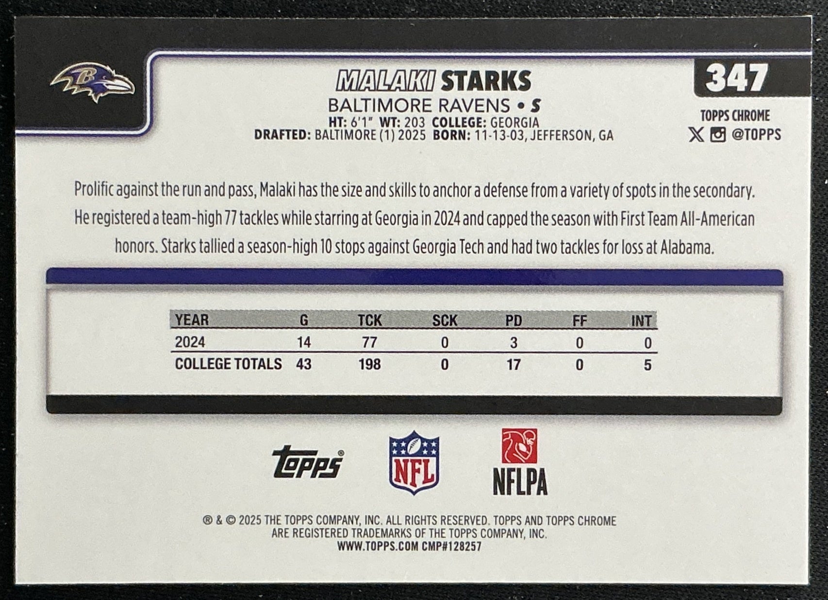Malaki Starks 2025 Topps Chrome Rookie Ravens Sports Trading Cards