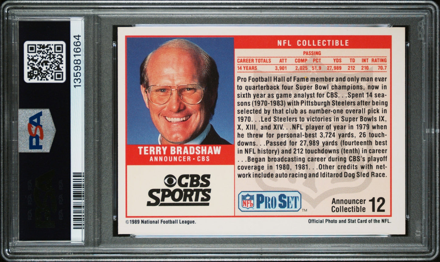Terry Bradshaw 1989 Pro Set Announcer Collectibles PSA 10 Steelers back