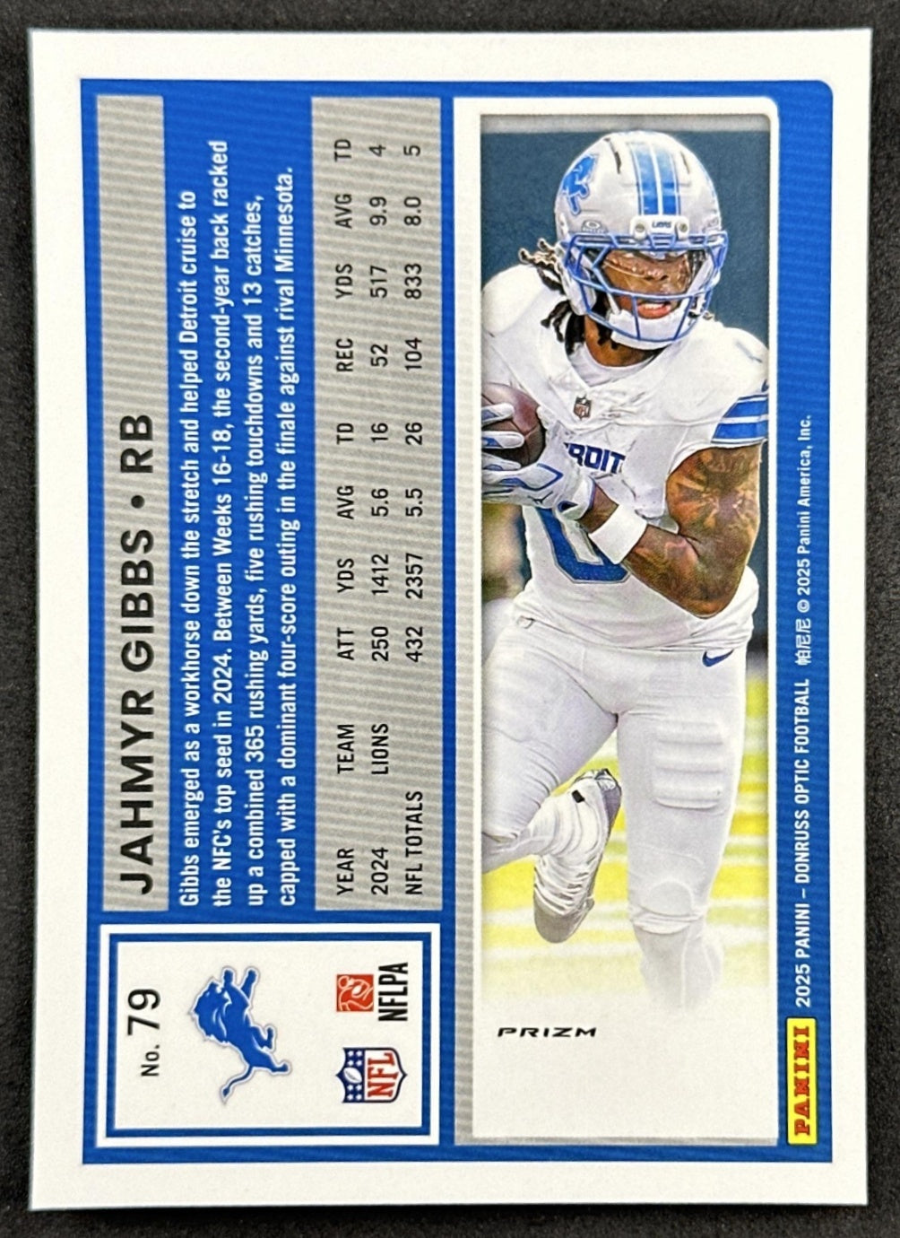 Jahmyr Gibbs 2025 Panini Donruss Optic Stars Prizm Lions back