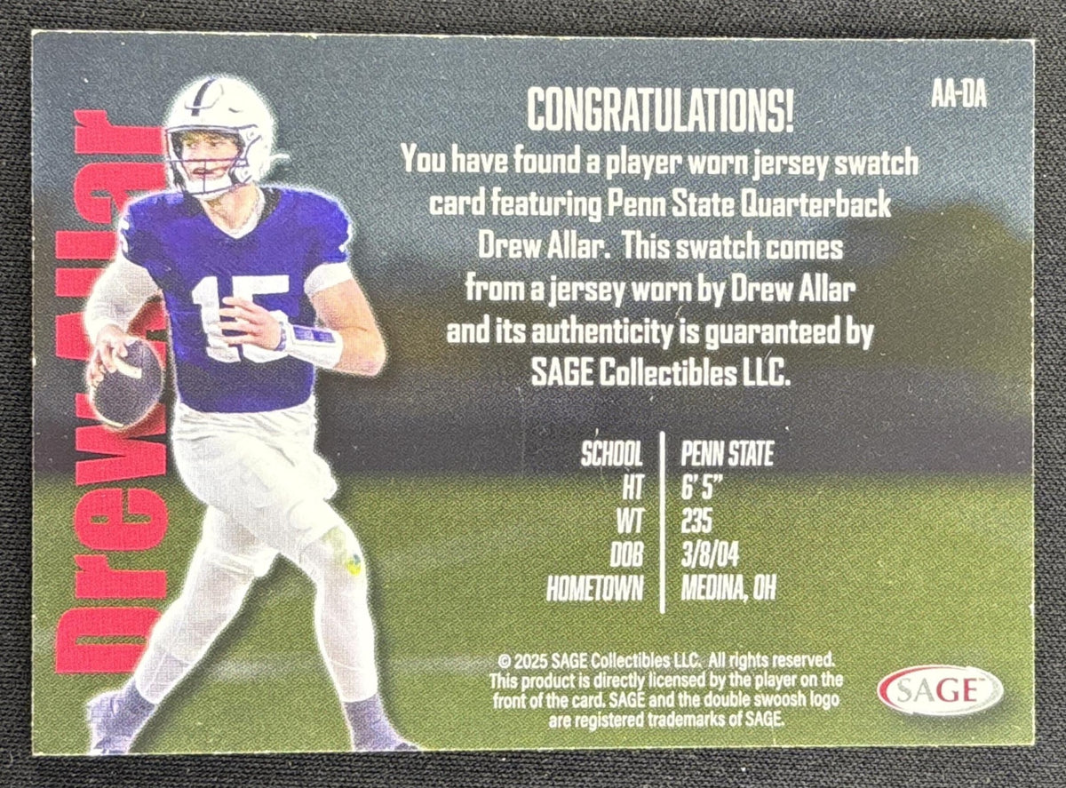 Drew Allar 2026 SAGE Athlete Apparel Swatch High Series