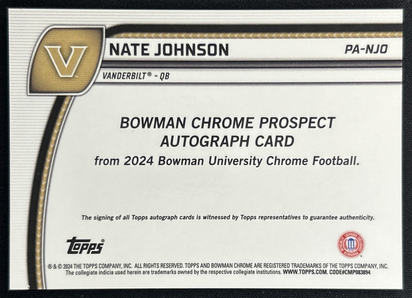 Nate Johnson 2024 Bowman Chrome University Prospect Auto Commodores back