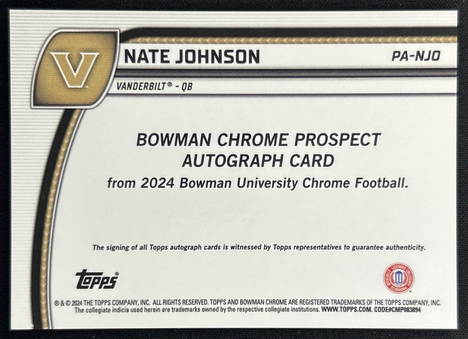 Nate Johnson 2024 Bowman Chrome University Prospect Auto Commodores back
