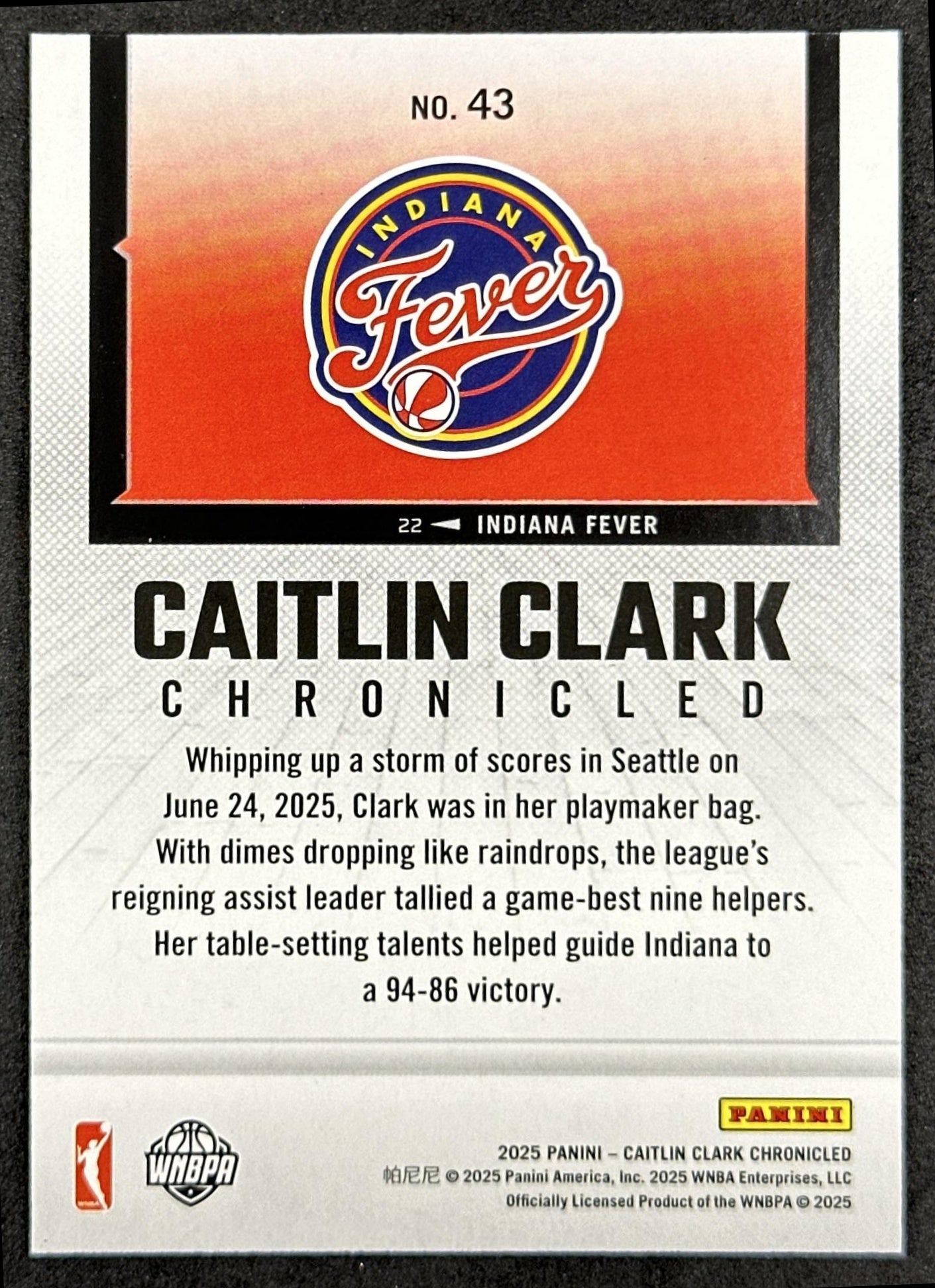 Caitlin Clark 2025 Panini Chronicled WNBA Holo Fever 43 Indiana Fever