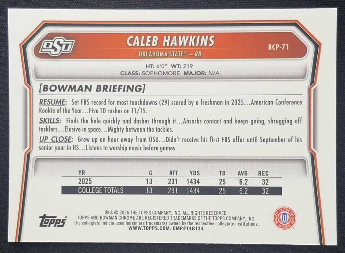 Caleb Hawkins 2026 Bowman Chrome Prospects Mojo Refractor Cowboys Sports Trading Card