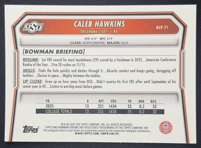 Caleb Hawkins 2026 Bowman Chrome Prospects Mojo Refractor Cowboys Sports Trading Card