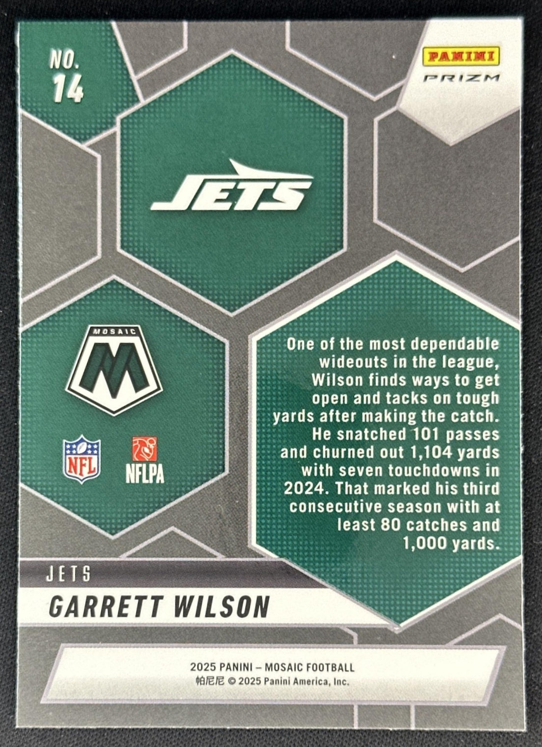 Garrett Wilson 2025 Panini Mosaic Montage No Huddle Silver Prizm Jets Sports Trading Cards