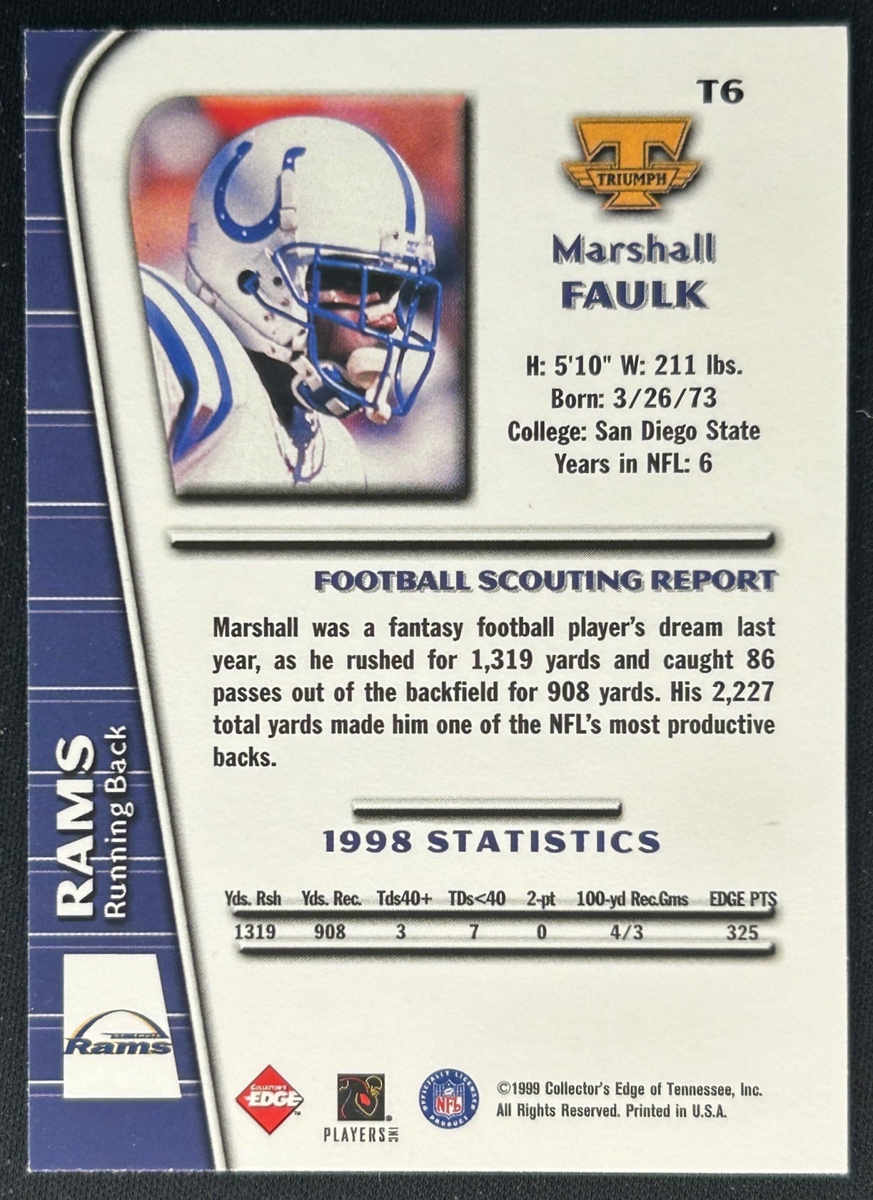 Marshall Faulk 1999 Triumph Rams Sports Trading Cards