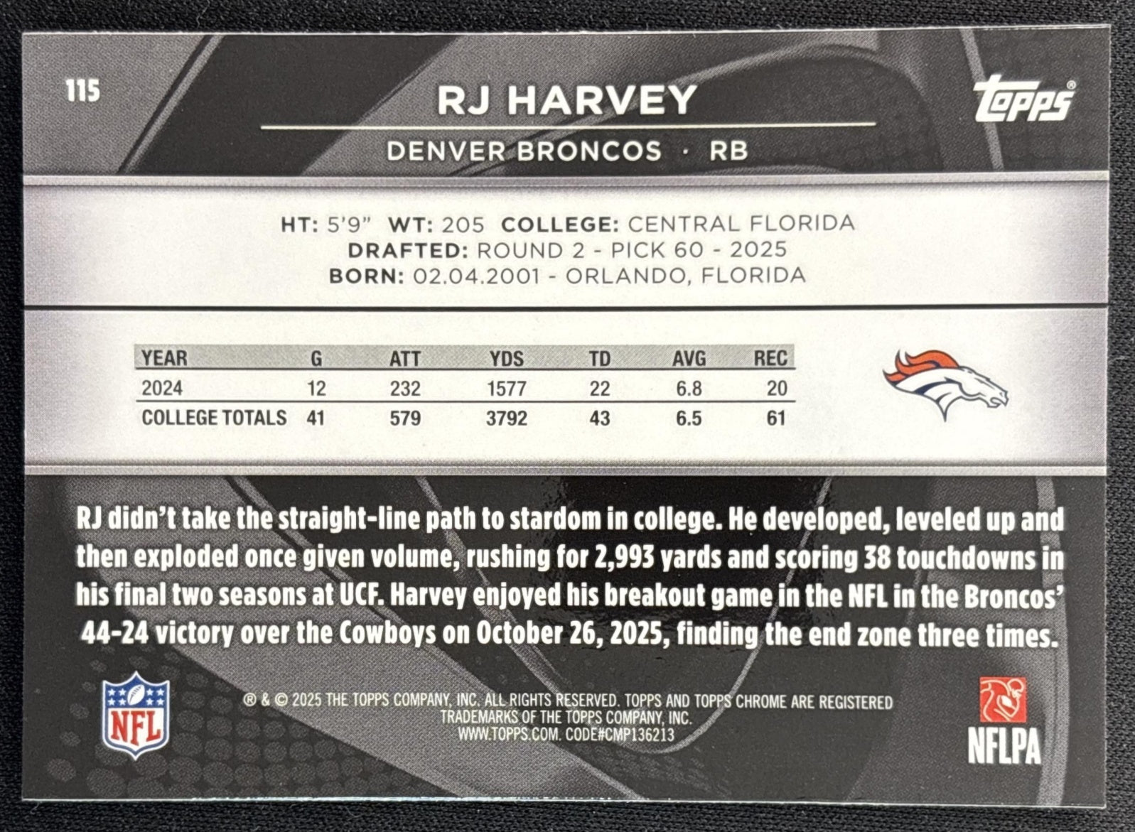 RJ Harvey 2025 Topps Chrome Black Broncos back