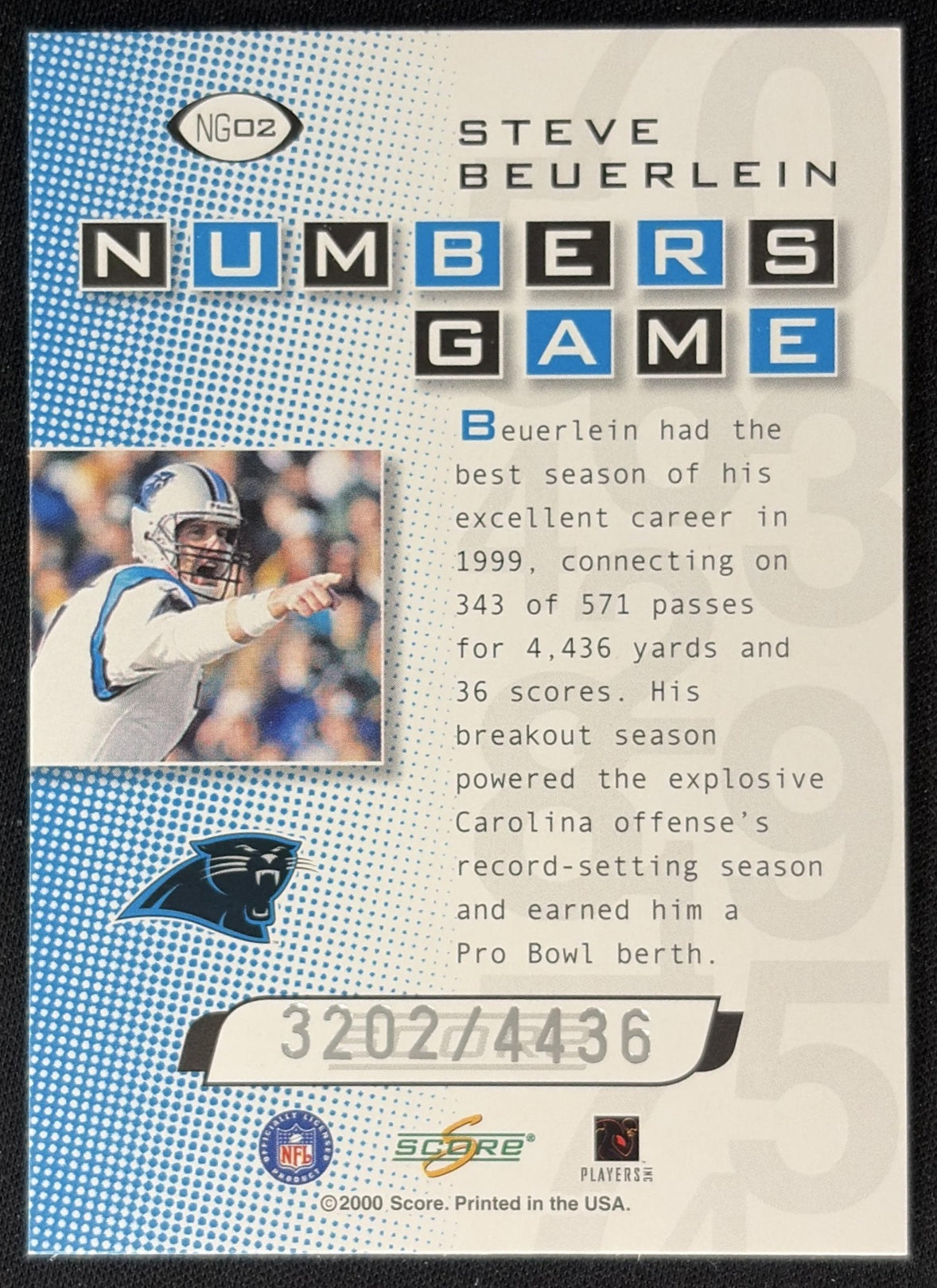 Steve Beuerlein 2000 Score Numbers Game Silver /4436 Panthers back