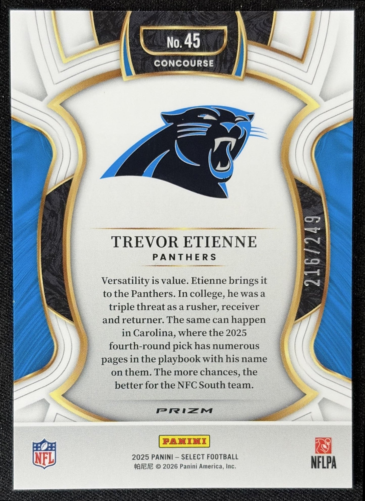 Trevor Etienne 2025 Panini Select Concourse Blue Prizm /249 Panthers back