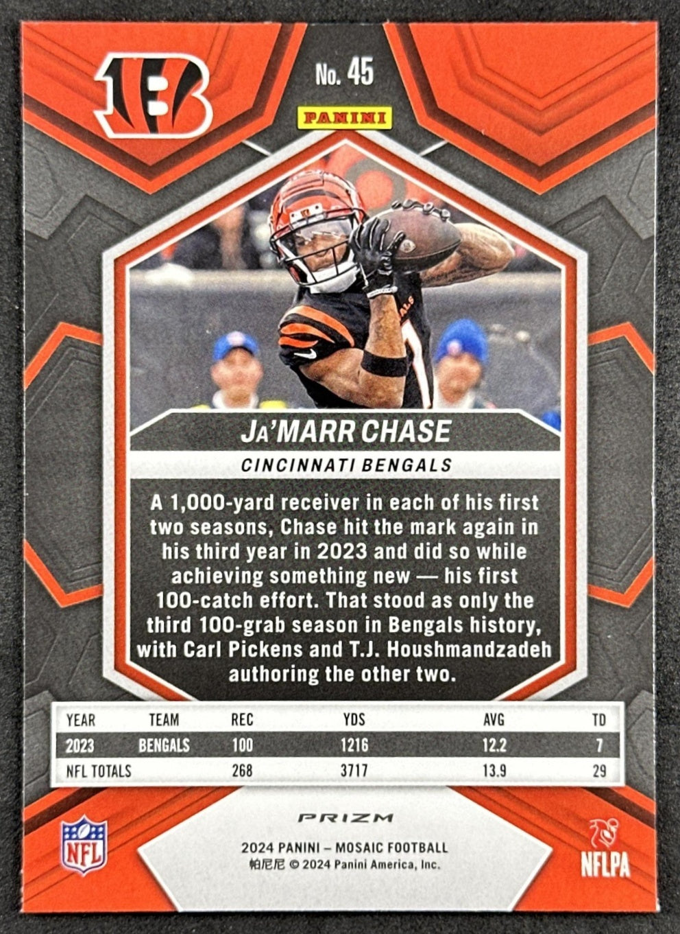 Ja'Marr Chase 2024 Panini Mosaic Green Prizm Bengals back sports trading card