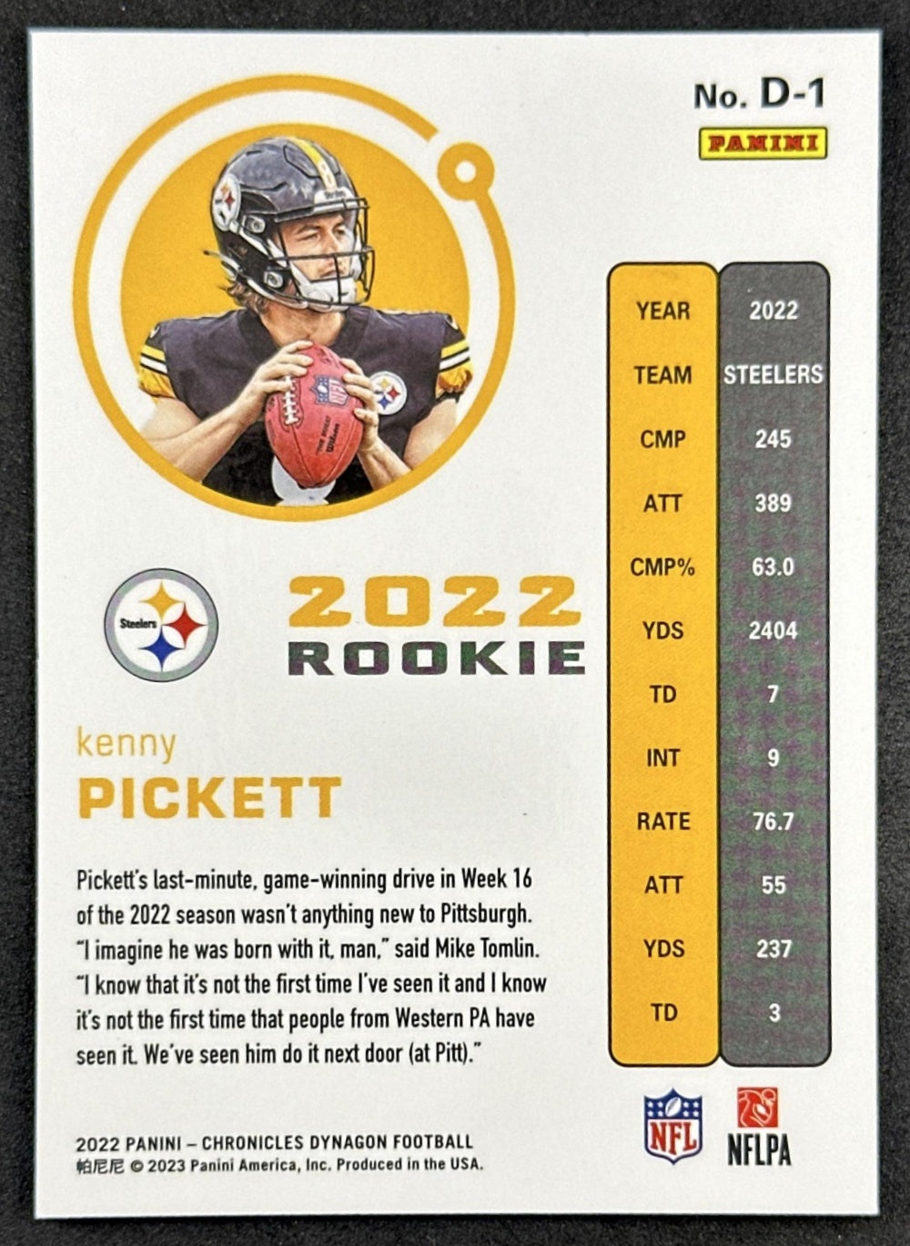 Kenny Pickett 2022 Panini Chronicles Dynagon Rookies Steelers