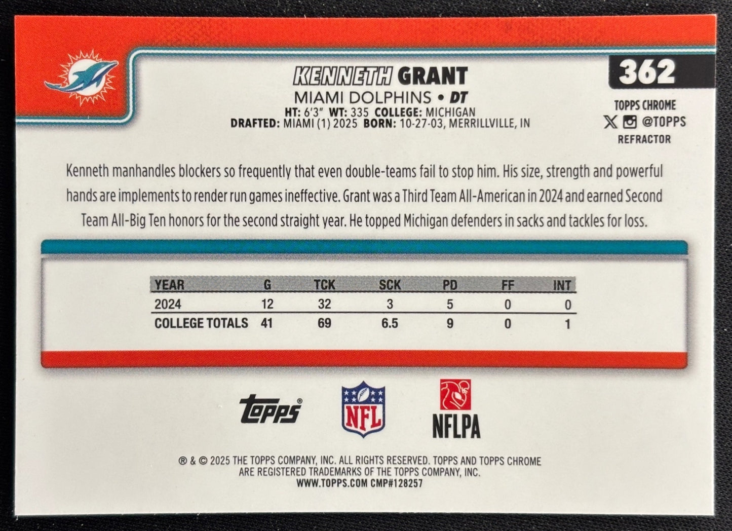 Kenneth Grant 2025 Topps Chrome Rookie Refractor Dolphins Football