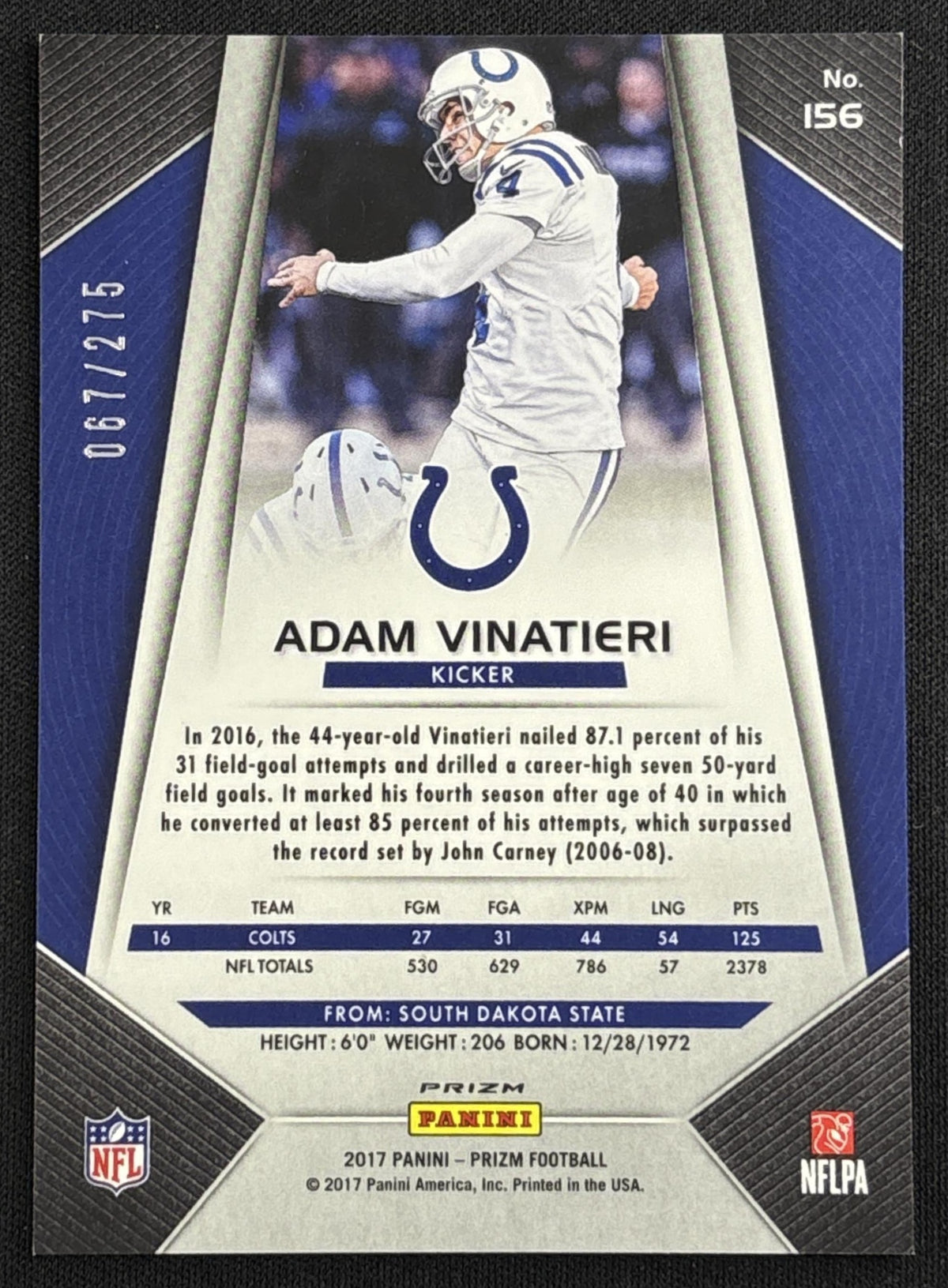 Adam Vinatieri 2017 Panini Prizm Orange /275 Colts