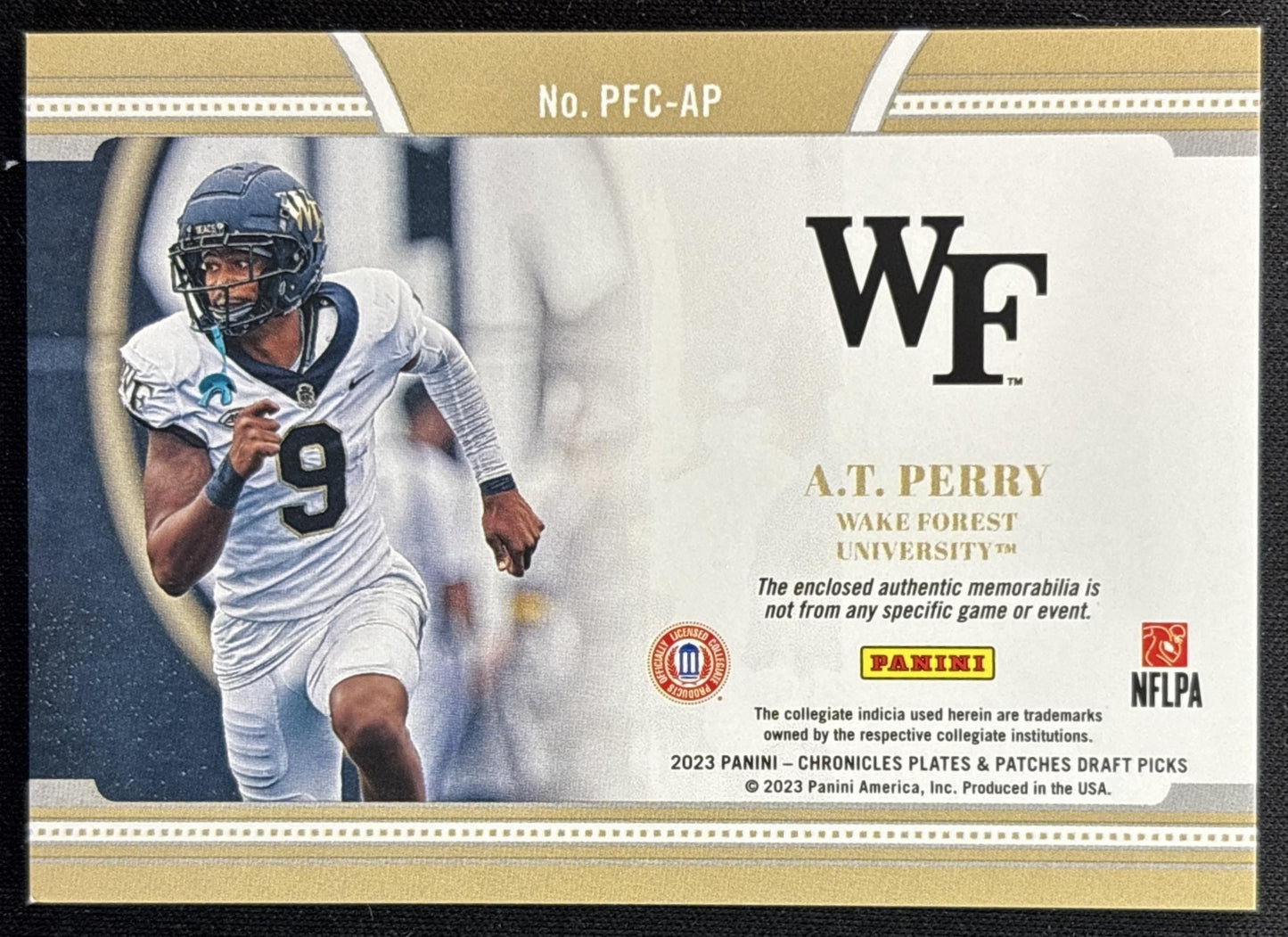 A.T. Perry 2023 Panini Chronicles Draft Picks Plates and Patches Full Coverage Back