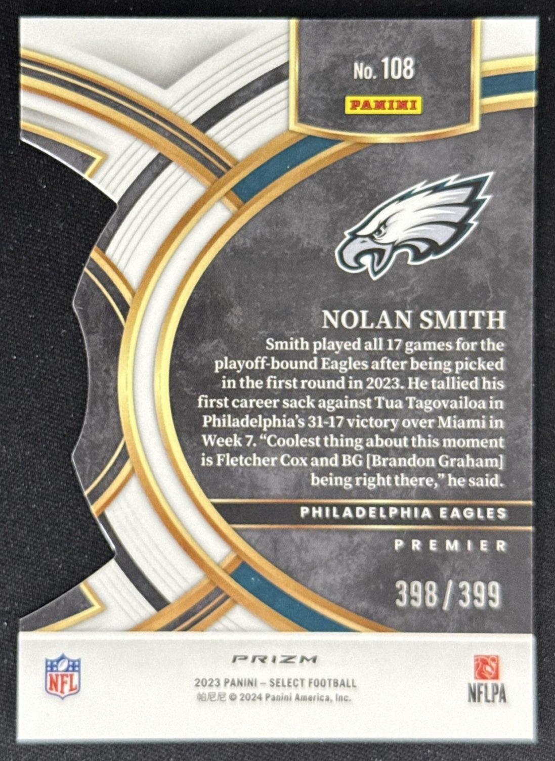 Nolan Smith 2023 Panini Select Orange Prizms Die Cut /399 Eagles Sports Trading Card