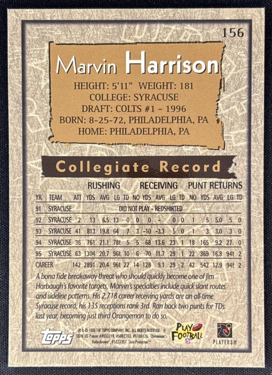 Marvin Harrison 1996 Topps Chrome Colts back