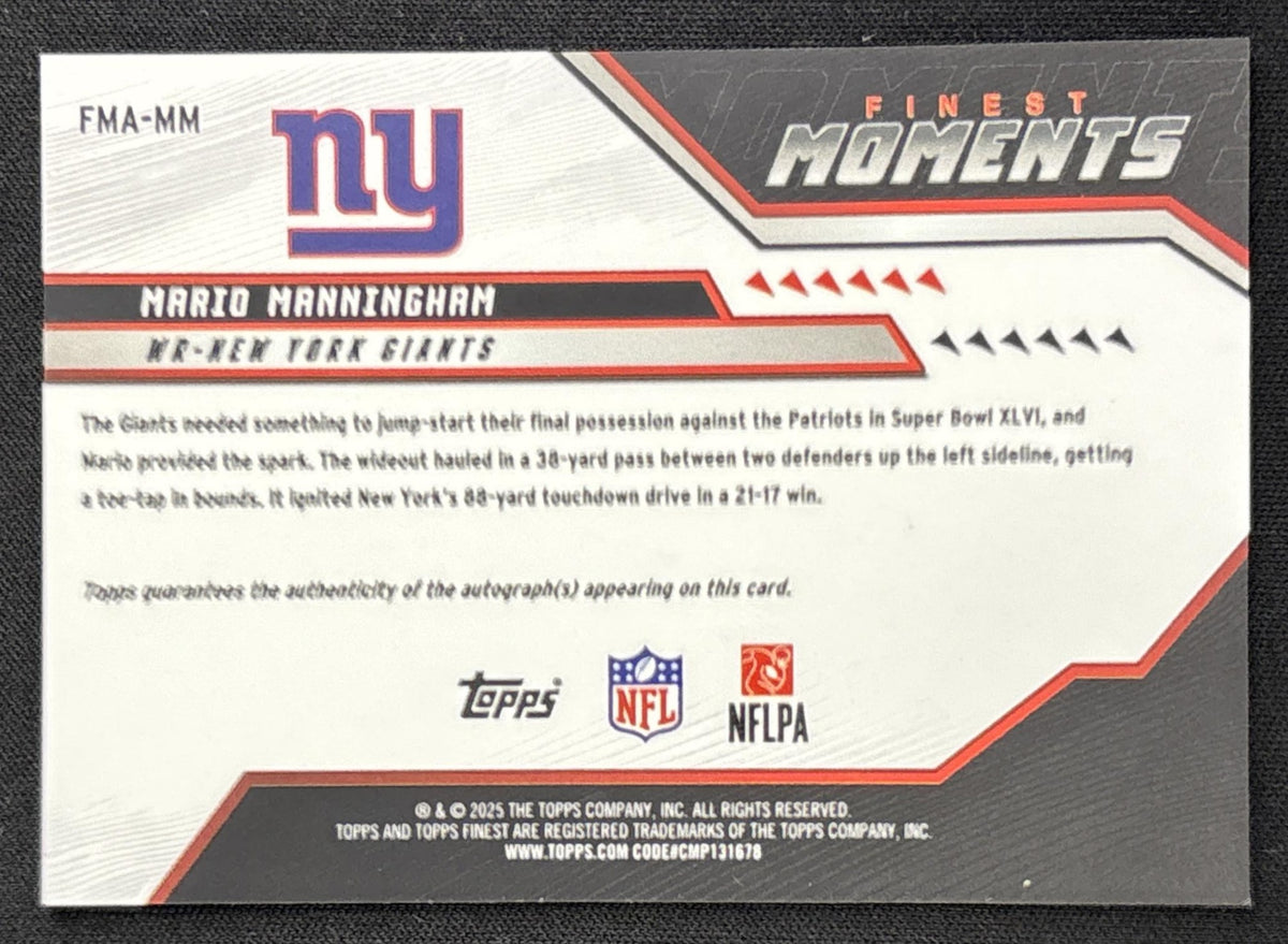 Mario Manningham 2025 Topps Finest Moments Auto Black Refractor /10 Giants