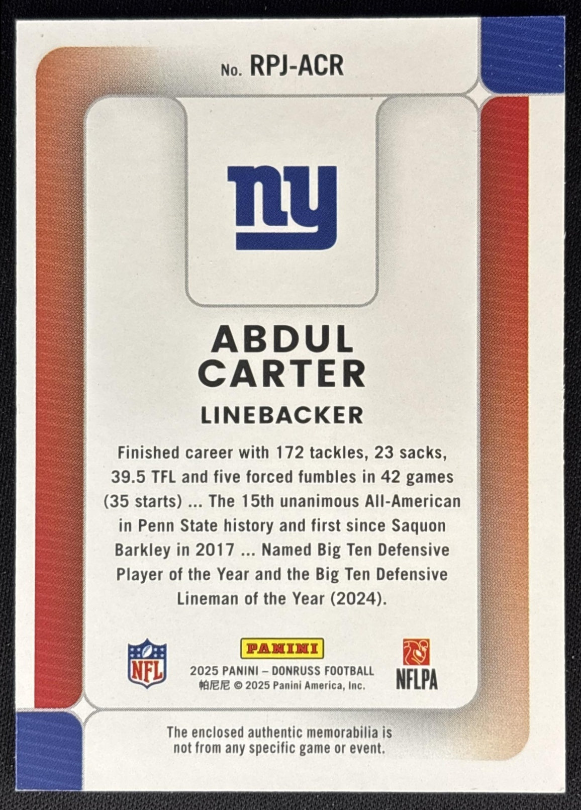 Abdul Carter 2025 Panini Donruss Rookie Phenom Jerseys Giants Sports Trading Cards