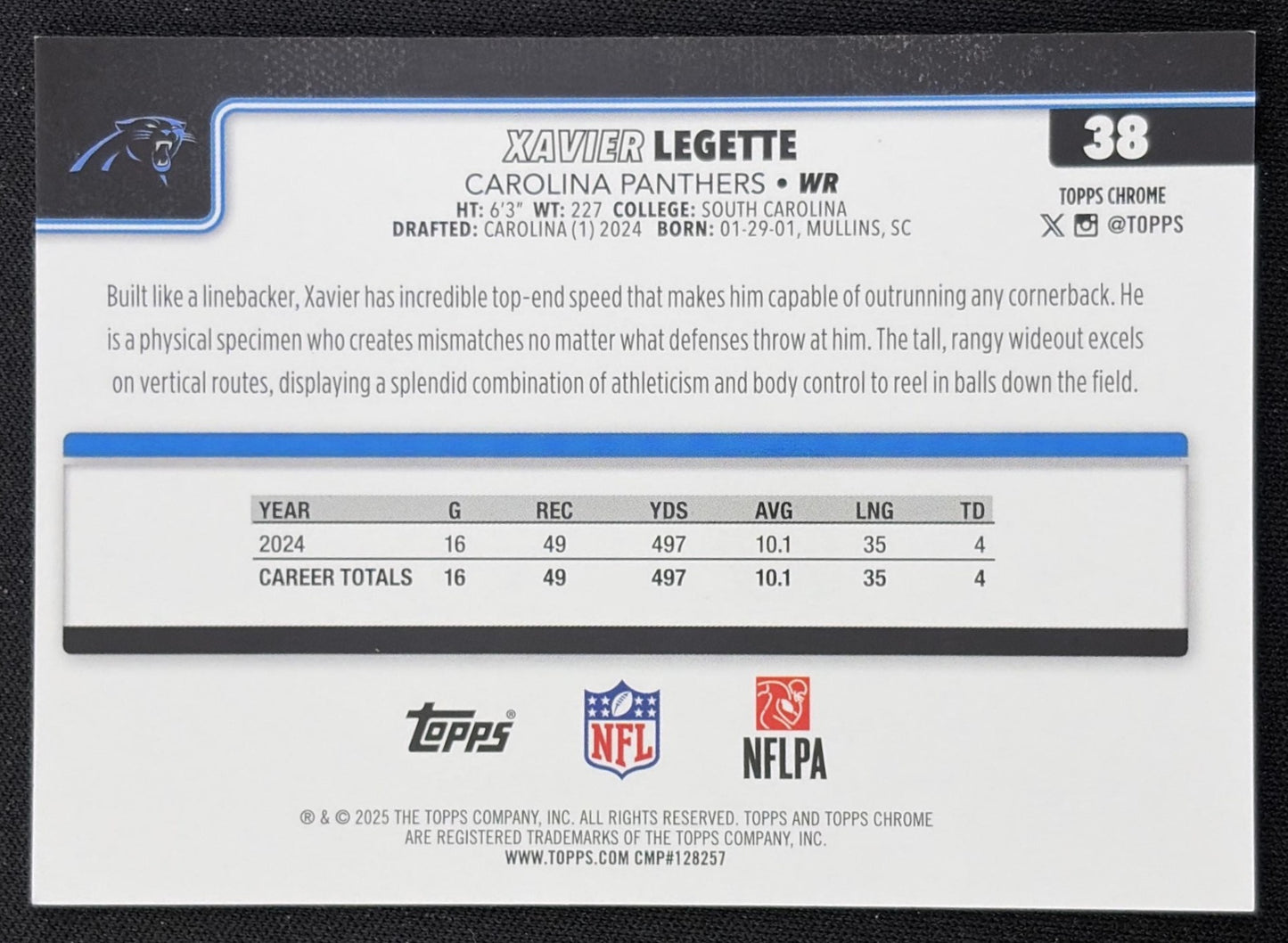 Xavier Legette 2025 Topps Chrome Gold Geometric Refractor /50 Panthers Carolina Panthers
