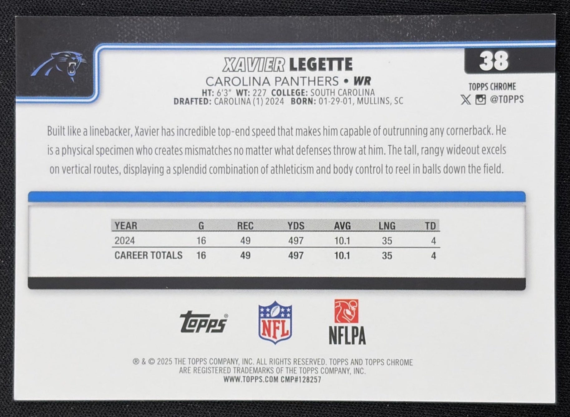 Xavier Legette 2025 Topps Chrome Gold Geometric Refractor /50 Panthers Carolina Panthers