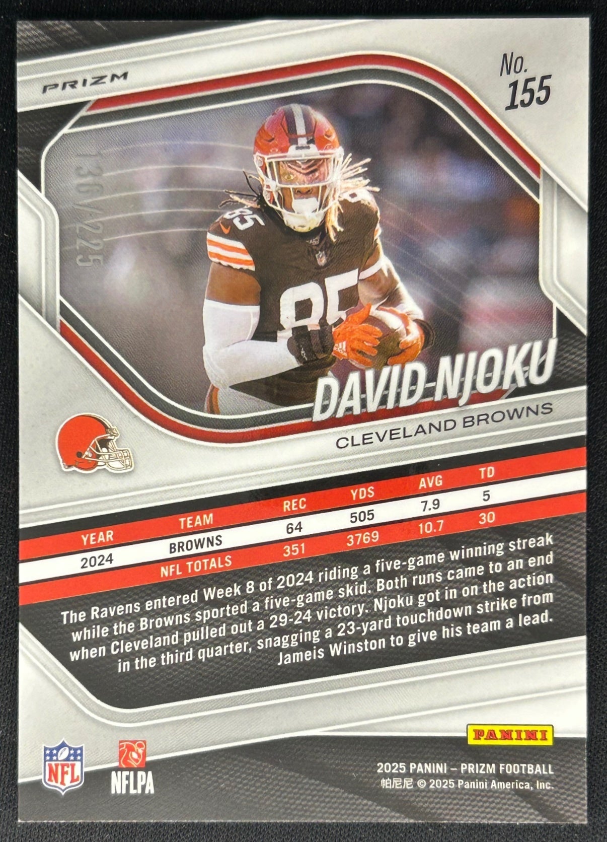 David Njoku 2025 Panini Prizm Purple Ice /225 Browns Sports Trading Cards
