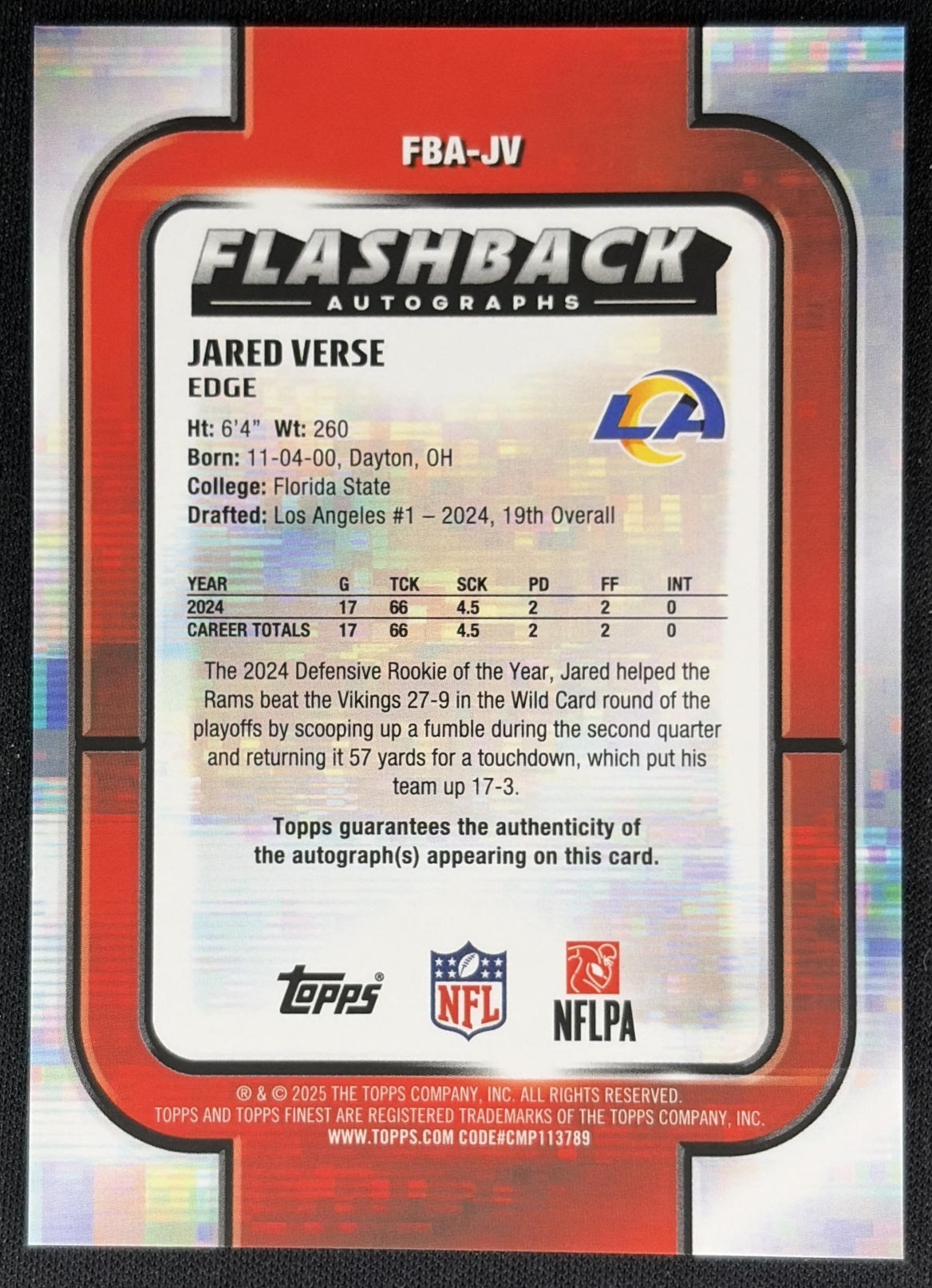 Jared Verse 2025 Topps Finest Flashback Auto Rams back