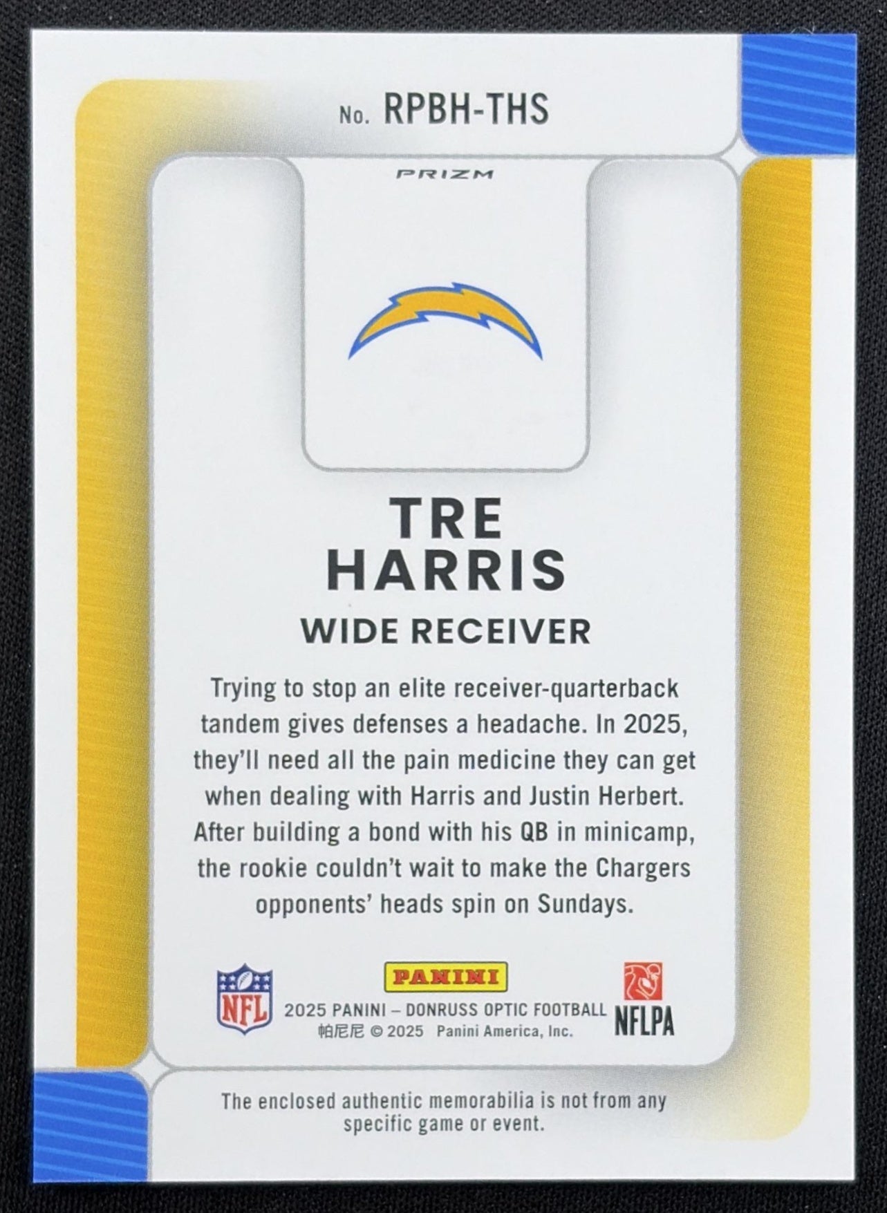 Tre Harris 2025 Panini Donruss Optic Rookie Phenoms Blue Hyper Prizm Chargers