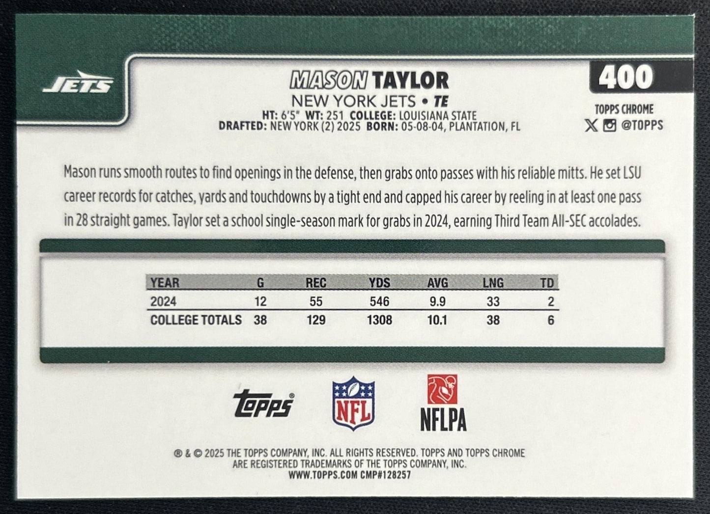 Mason Taylor 2025 Topps Chrome Rookie Purple Geometric Refractor /75 Jets back