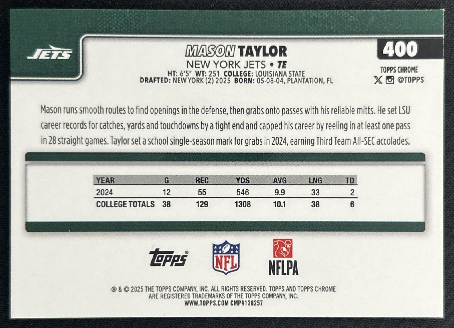 Mason Taylor 2025 Topps Chrome Rookie Purple Geometric Refractor /75 Jets back